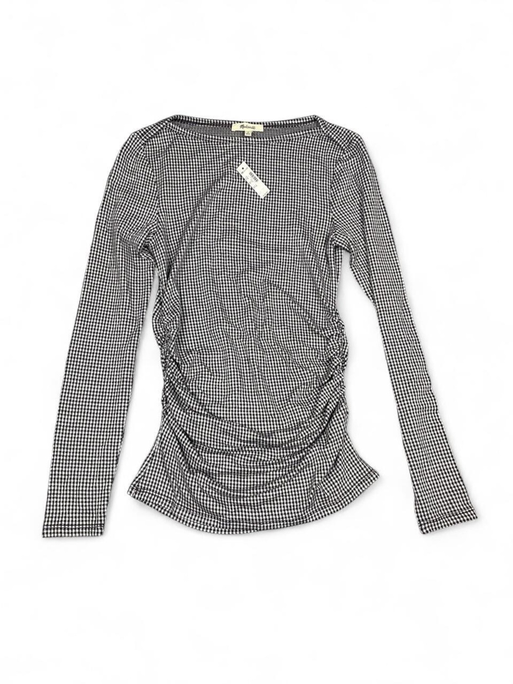 NWT Madewell Black and White Gingham Ruched Long-Sleeve Top Size Small